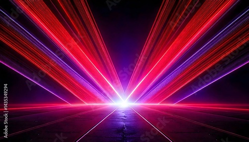 Vibrant red and purple laser beams converging on a futuristic dark stage