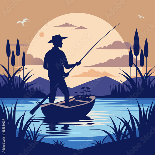 Fisherman fishing silhouette vector illustration