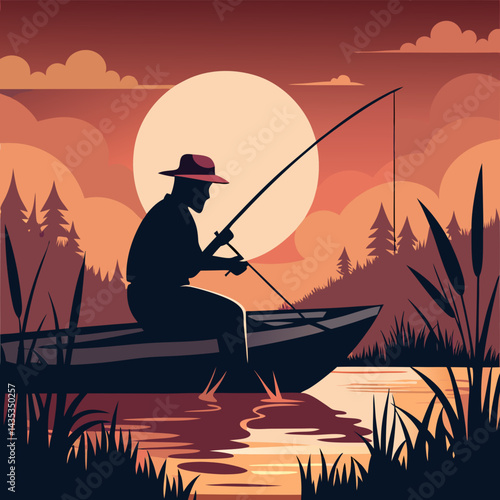 Fisherman fishing silhouette vector illustration