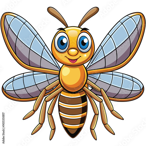Cartoon bee with large wings and happy expression