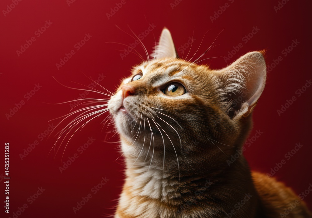 A charming ginger cat looking up with focused, attentive eyes against a rich red backdrop. A charming ginger cat looking up with focused, attentive eyes against a rich red backdrop.