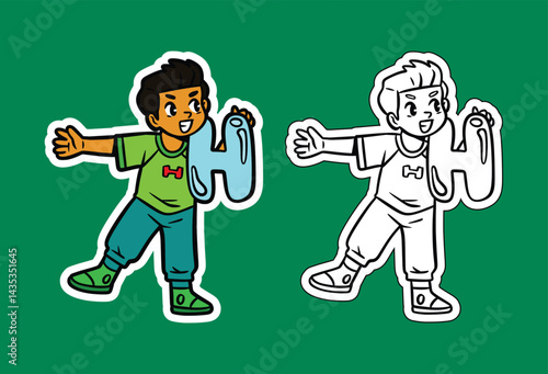 Doodle Illustration of a Boy Holding the Letter H