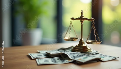 Legal scales balancing over a pile of cash money on wooden table, wealth, concept