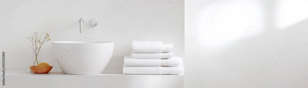 A serene, minimalist bathroom scene featuring a white bowl sink, neatly stacked towels, and subtle decorative elements.