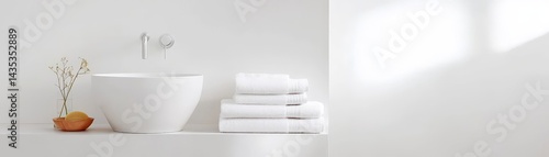 Obraz na płótnie A serene, minimalist bathroom scene featuring a white bowl sink, neatly stacked towels, and subtle decorative elements. w salonie