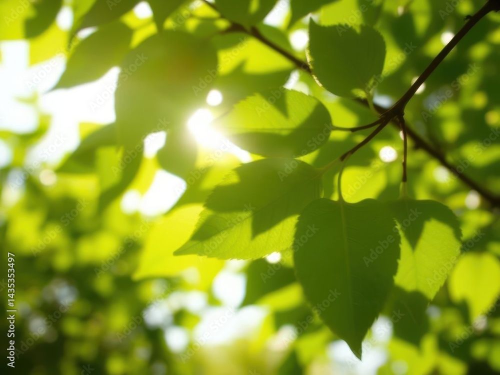 Sunlight shining through vibrant green leaves on tree branches creating a natural background scene Sunlight shining through vibrant green leaves on tree branches creating a natural background scene