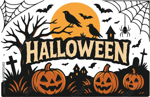 Halloween Celebration, Pumpkins and Ravens, Spooky Night, Illustration, Festive Atmosphere, Creative Perspective, Autumn Vibes