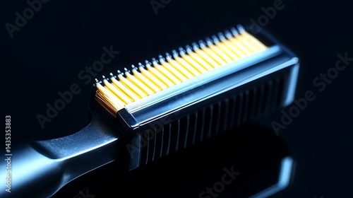 Close-up view of a sleek grooming tool highlighting fine teeth against a dark background
