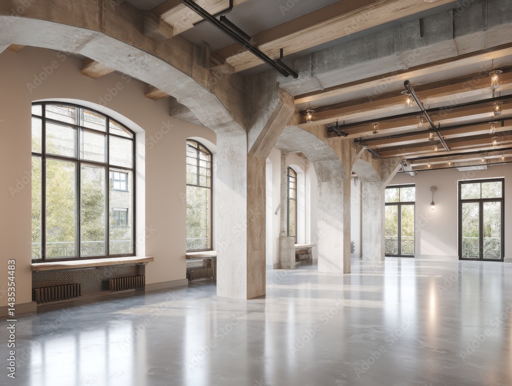 Obraz premium Spacious loft interior with concrete columns and large windows offering natural light and open space design for modern living or creative studio ambiance.