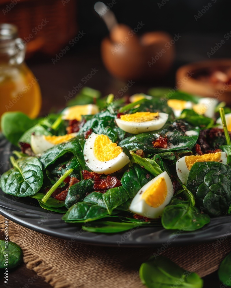 Delicious spinach salad with crispy bacon and sliced boiled eggs on a dark plate rustic background healthy and appetizing food photography style Delicious spinach salad with crispy bacon and sliced boiled eggs on a dark plate rustic background healthy and appetizing food photography style