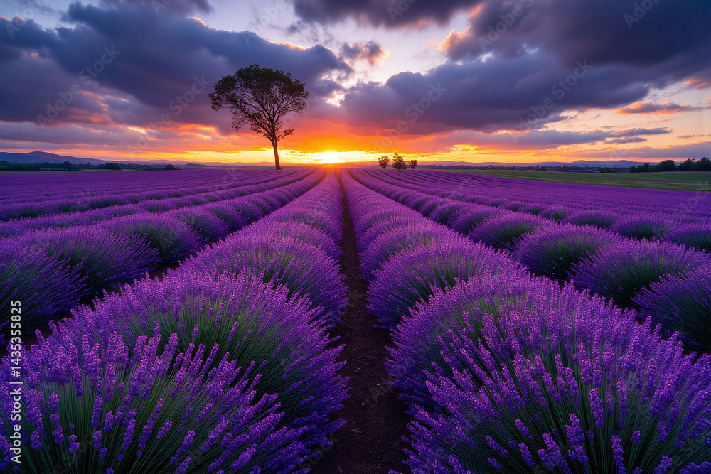 lone tree in the middle of a lavender field