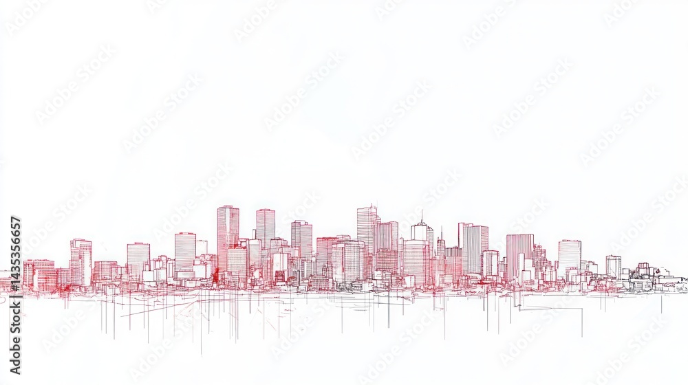 Obraz premium Red city skyline sketch, urban landscape, architecture, design, white background