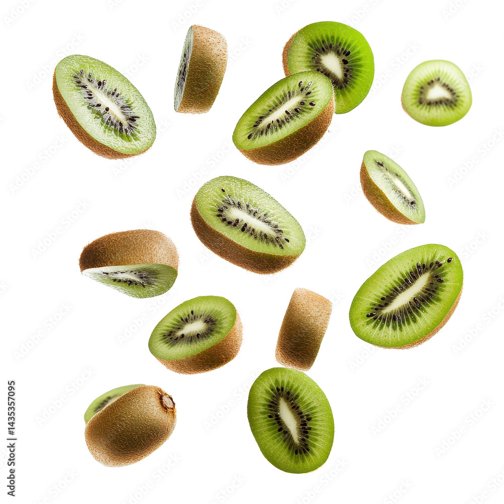 Fototapeta premium Flying kiwis falling against a white background create a vibrant display of fruit in mid air, Flying falling kiwis isolated on white background
