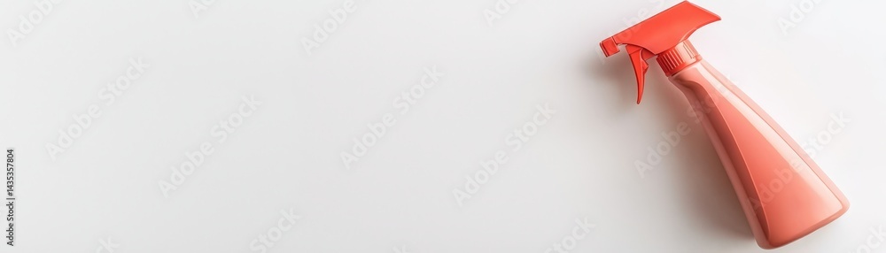 A red spray bottle is positioned on a clean, white surface, ideal for cleaning tasks and household chores.