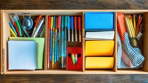 Open drawer showing perfectly arranged office stationery