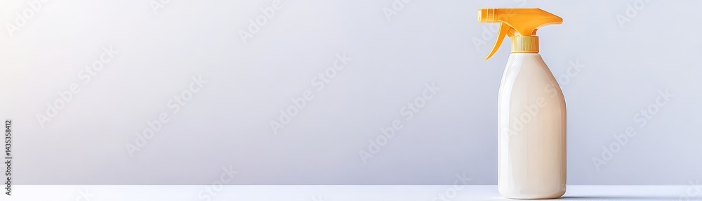 A spray bottle with a yellow nozzle sits on a clean surface against a light background, suggesting cleanliness and maintenance.