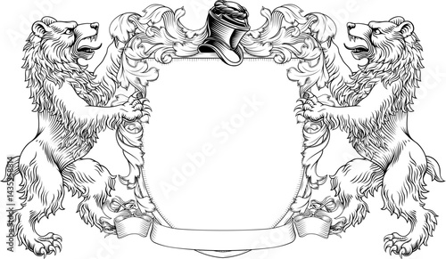 Bears coat of arms or crest family heraldry medieval heraldic knight shield with helmet and acanthus filigree scroll ornament in a vintage woodcut style.