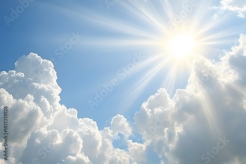 Bright Sun Rays Shining Through Fluffy Clouds