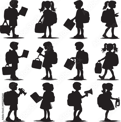 A Set of Kids with School Bags  sillhouttee vector