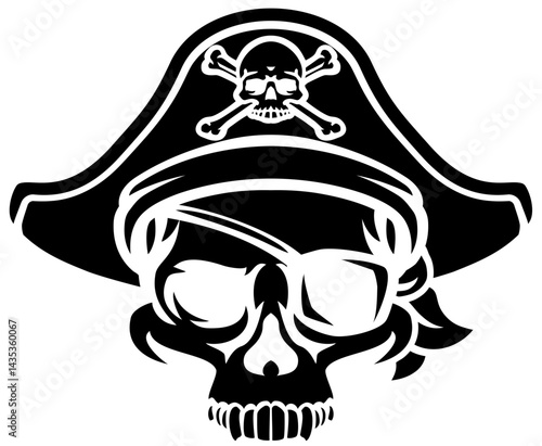 A pirate skull and crossbones jolly roger grim reaper cartoon wearing captain a hat and eye patch