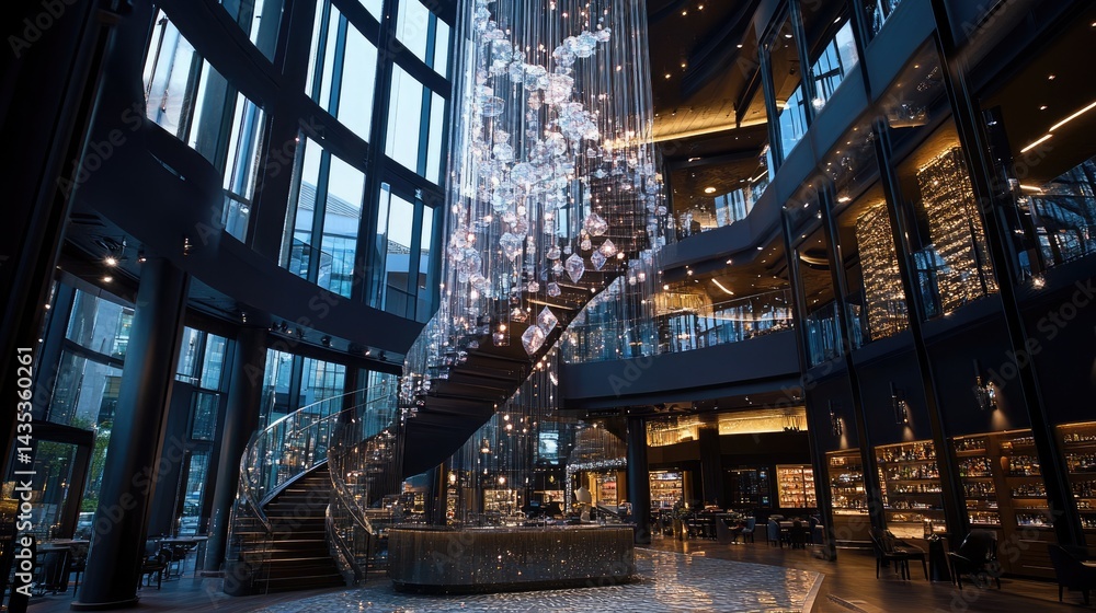 Obraz premium Spiral chandelier captured from below showcasing symmetry and sparkle