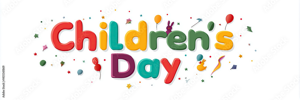 Children's Day in multicolor letters with confetti, stars, balloons, kites & pinwheels on white minimalist background, soft shadows, vector depth and text-ready space for joyful holiday designs. Children's Day in multicolor letters with confetti, stars, balloons, kites & pinwheels on white minimalist background, soft shadows, vector depth and text-ready space for joyful holiday designs.