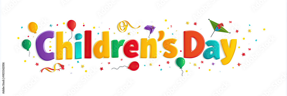 Children's Day in multicolor letters with confetti, stars, balloons, kites & pinwheels on white minimalist background, soft shadows, vector depth and text-ready space for joyful holiday designs. Children's Day in multicolor letters with confetti, stars, balloons, kites & pinwheels on white minimalist background, soft shadows, vector depth and text-ready space for joyful holiday designs.