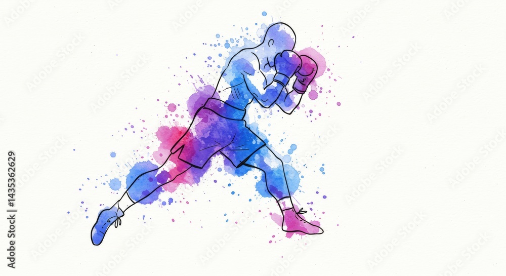 Fototapeta premium Dynamic Boxer Illustration: Watercolor Splash Art with Fluid Motion and Energetic Pose