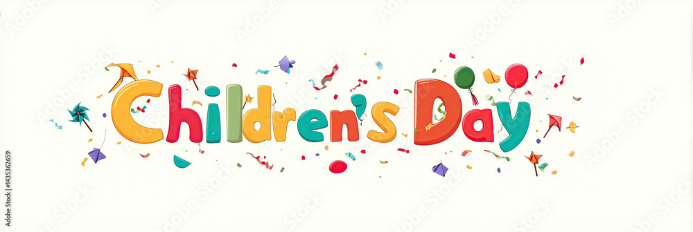 Children's Day in multicolor letters with confetti, stars, balloons, kites & pinwheels on white minimalist background, soft shadows, vector depth and text-ready space for joyful holiday designs. Children's Day in multicolor letters with confetti, stars, balloons, kites & pinwheels on white minimalist background, soft shadows, vector depth and text-ready space for joyful holiday designs.