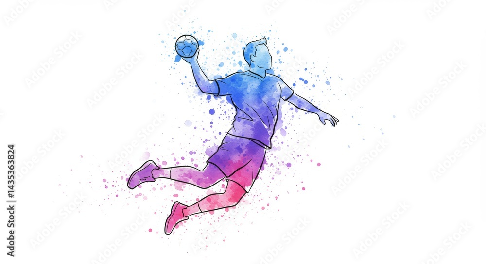 Watercolor Illustration of Handball Player in Motion with Dynamic Splashes Watercolor Illustration of Handball Player in Motion with Dynamic Splashes