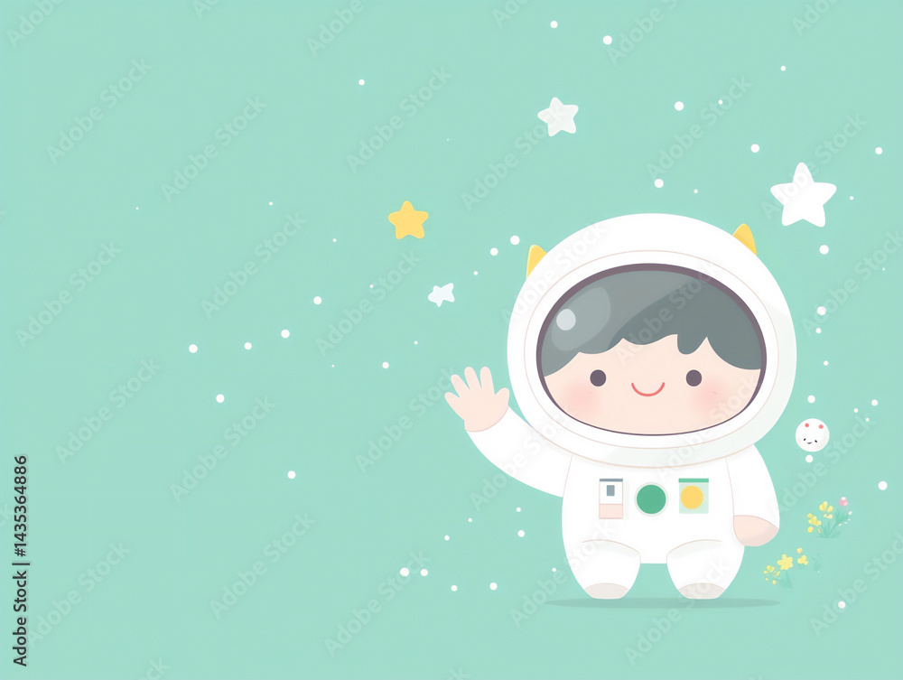cute little astronaut character with an oversized helmet and waving hand cute little astronaut character with an oversized helmet and waving hand