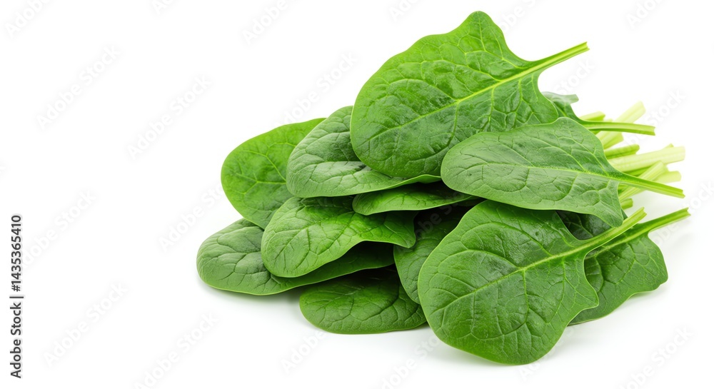 Fototapeta premium Spinach Leaves Stacked on White Background Closeup