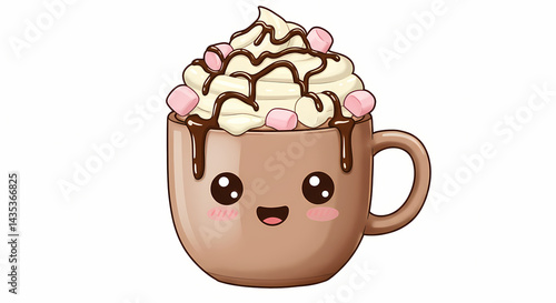 Cute Kawaii Hot Chocolate Mug: Whipped Cream, Marshmallows, Cocoa Drink