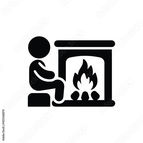icon stickman warming himself by the fireplace, sticks figure person pictogram