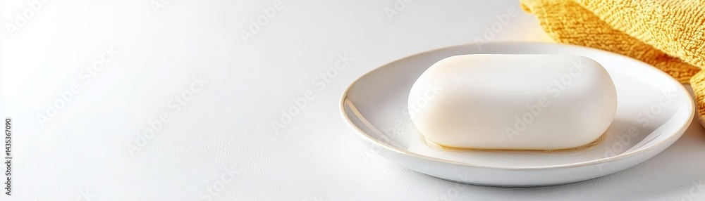 A minimalist image featuring a white bar of soap on a plate, accompanied by a yellow towel, creating a clean and fresh aesthetic.
