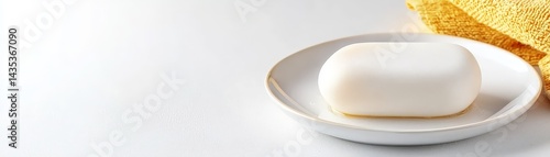 Obraz na płótnie A minimalist image featuring a white bar of soap on a plate, accompanied by a yellow towel, creating a clean and fresh aesthetic. w salonie