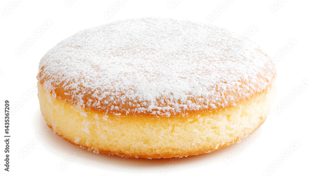 Whole lemon sponge cake with icing sugar topping isolated on white Whole lemon sponge cake with icing sugar topping isolated on white