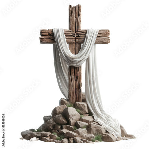 Empty cross atop rocks draped cloth
