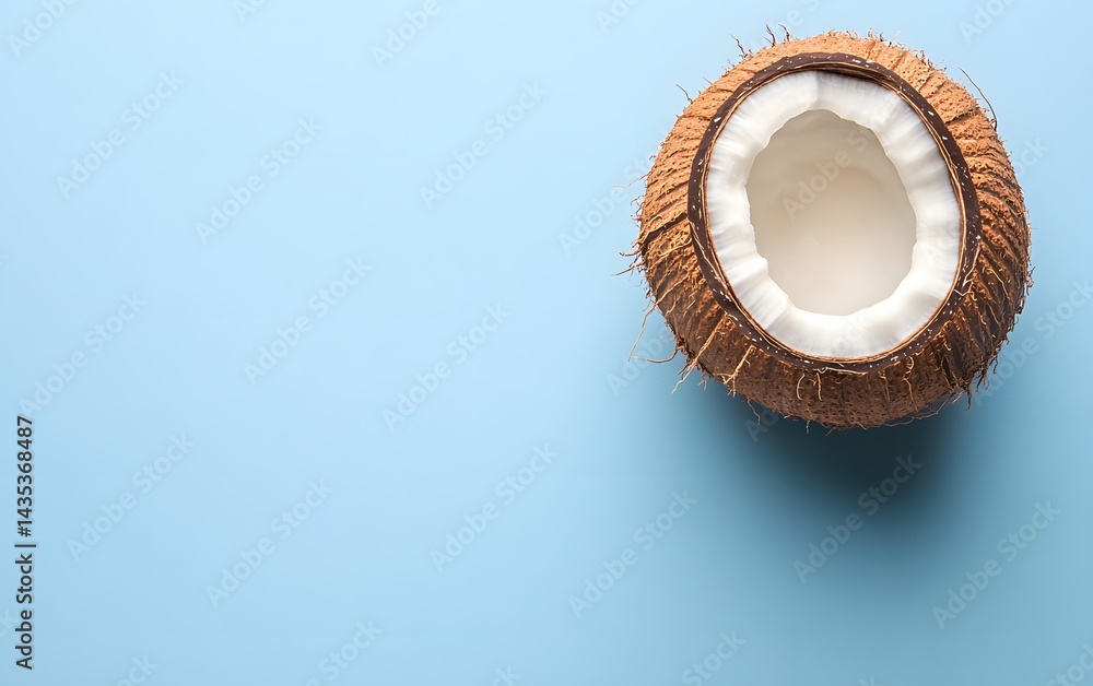 Fototapeta premium Half Coconut on Blue Background Tropical Summer Fruit