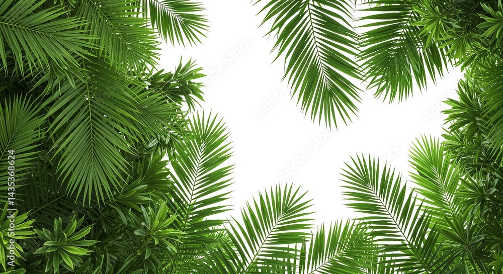 Naklejka premium Tropical Leaves Frame with Bright Green Foliage on White Background