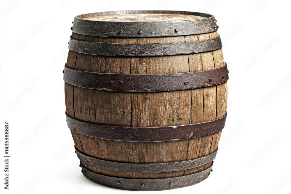 Fototapeta premium Aged wooden barrel with metal bands, isolated on white
