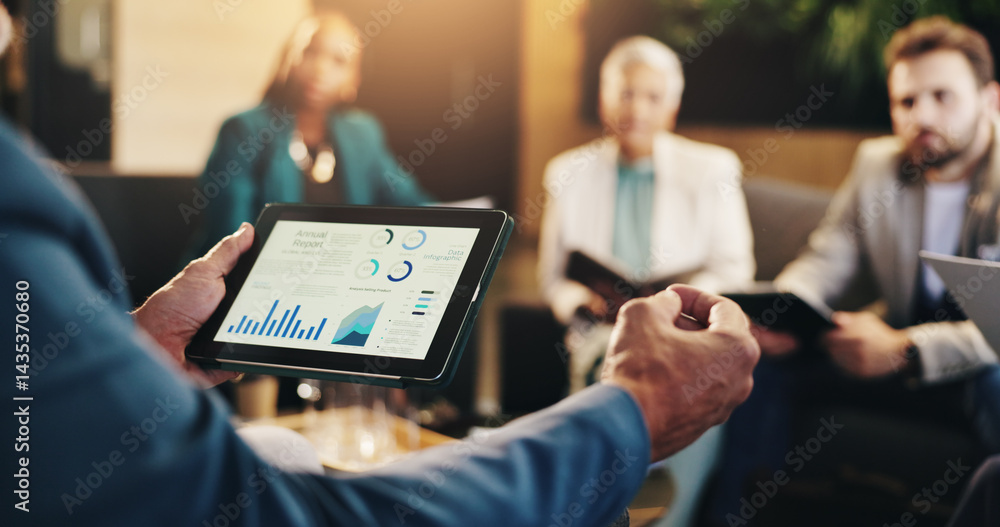 Business data, hands and meeting with tablet screen for corporate revenue, budget performance or stats analysis. Closeup, investors and graphs for financial forecasting, sales discussion and feedback