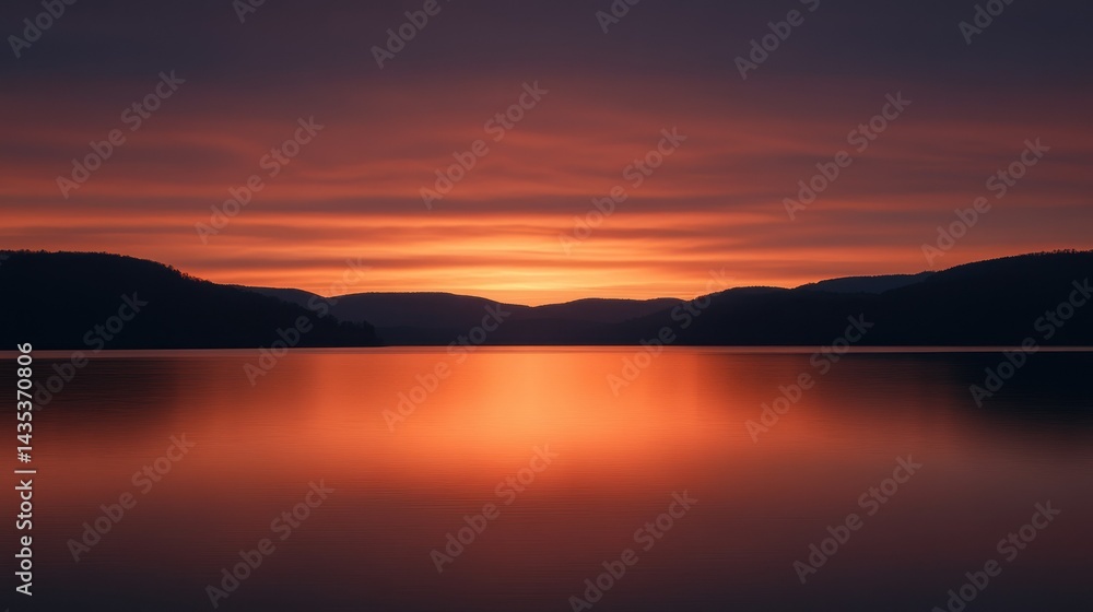A tranquil lake reflecting a vibrant and colorful sunset sky A tranquil lake reflecting a vibrant and colorful sunset sky