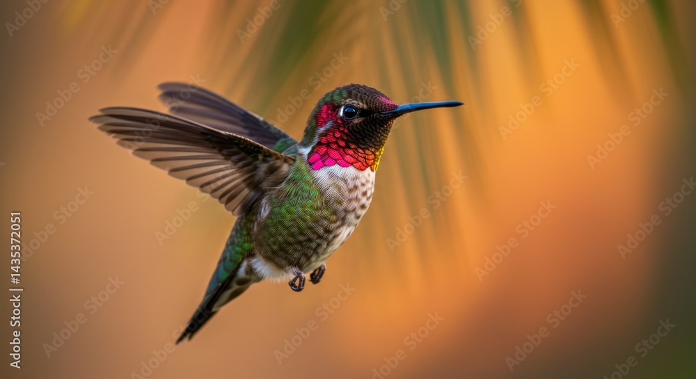Fototapeta premium Hummingbird Flying with Colorful Plumage and Blurred Background for Nature Photography