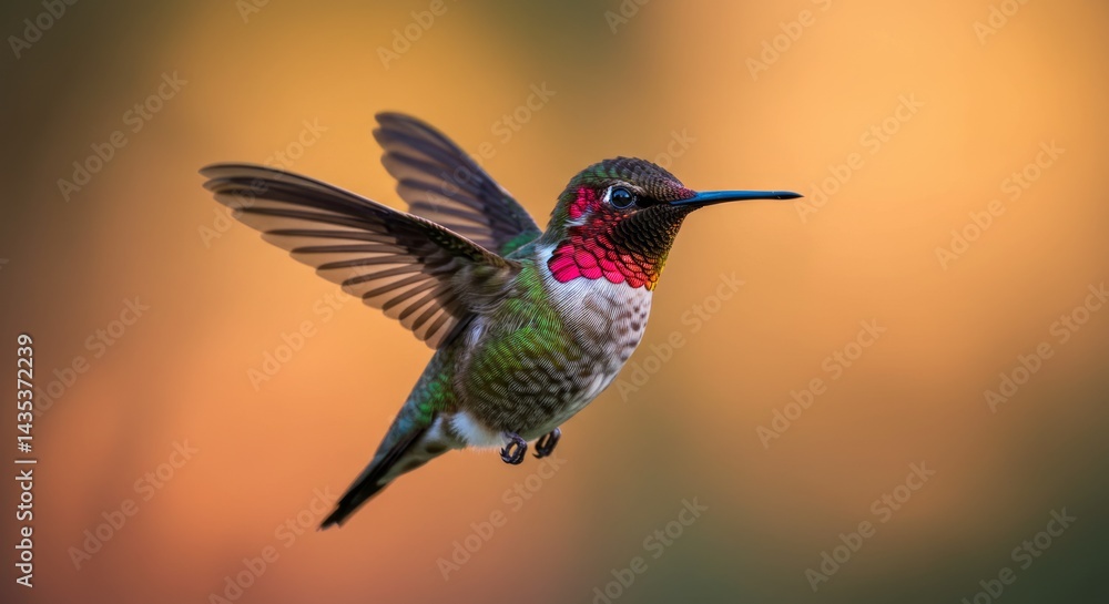 Fototapeta premium Hummingbird in Flight Showing Vibrant Colors Against Blurred Orange Background
