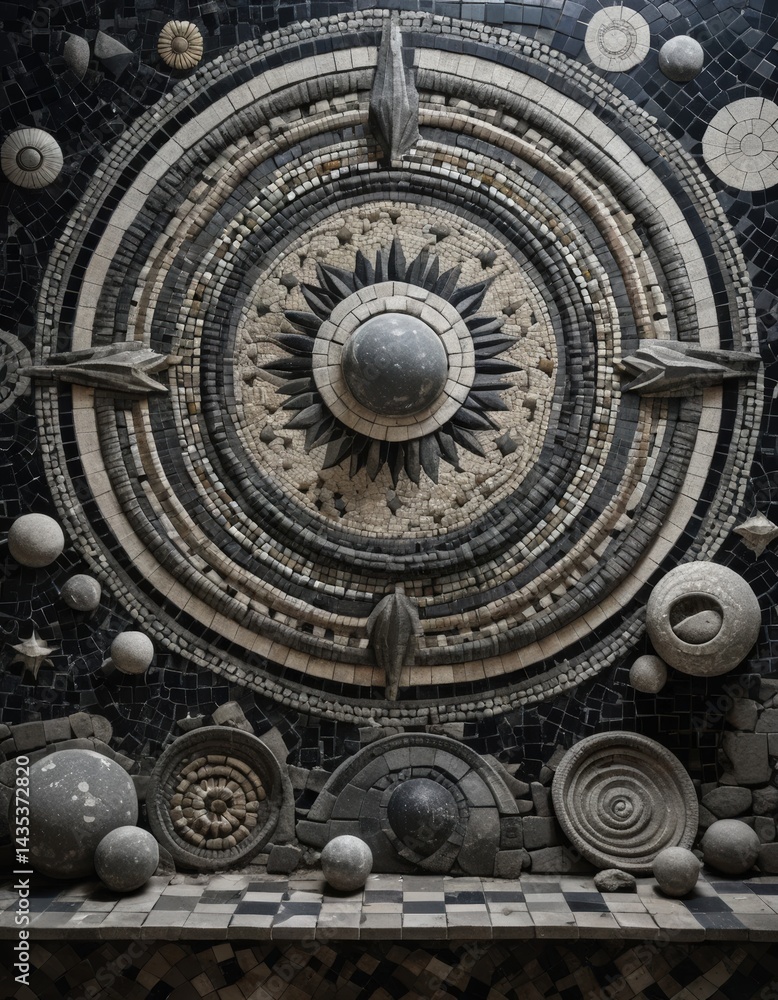 Fototapeta premium An elegant clock crafted from polished stone and intricate marble, featuring ornate hour and minute hands, set against a textured, natural stone backdrop.