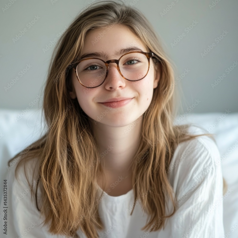 A beautiful young woman smiles while wearing glasses indoors A beautiful young woman smiles while wearing glasses indoors