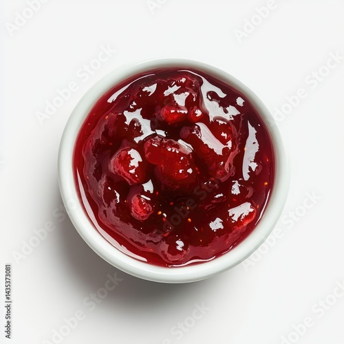 Overhead view of cranberry sauce in a white bowl on a white background