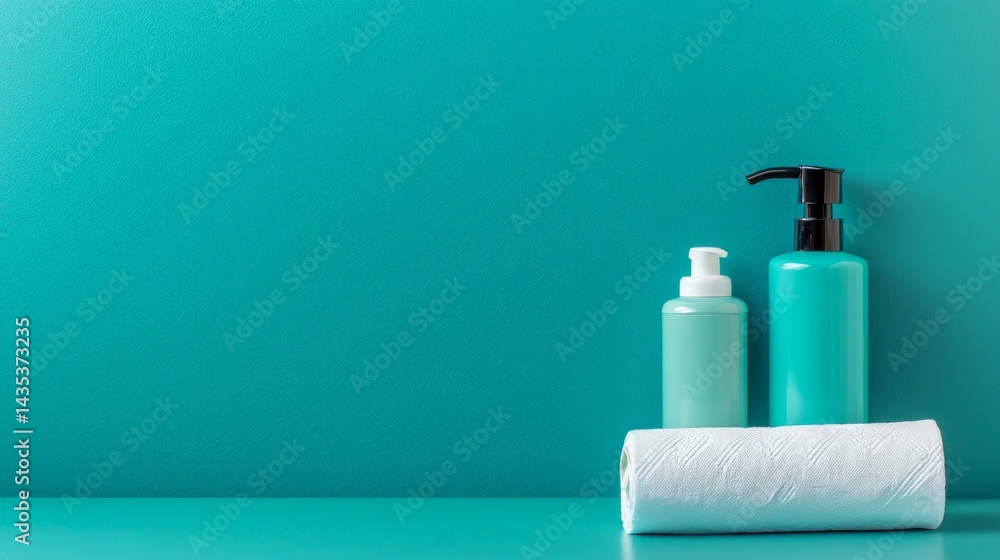 A minimalist arrangement of turquoise bottles and a roll of paper towels on a matching background, creating a clean and refreshing aesthetic.