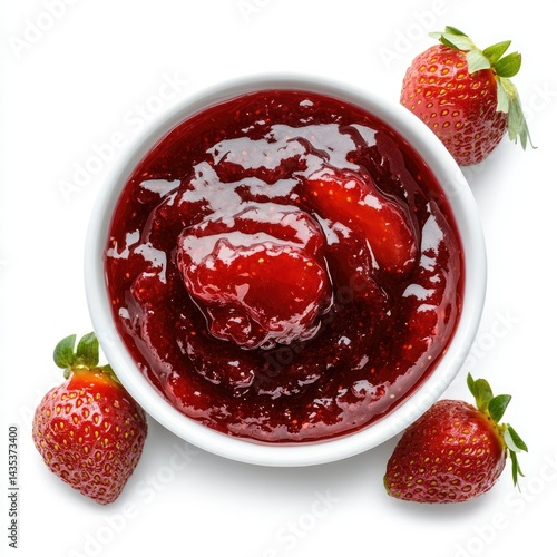 A top view of strawberry jam in a bowl with fresh strawberries around it
